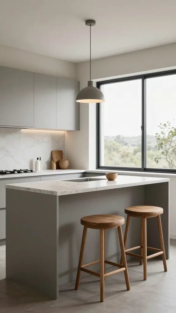 A corner kitchen using a floating ledge that doubles as a casual counter and seating area, with two backless stools, pendant light overhead, and a panoramic window view.