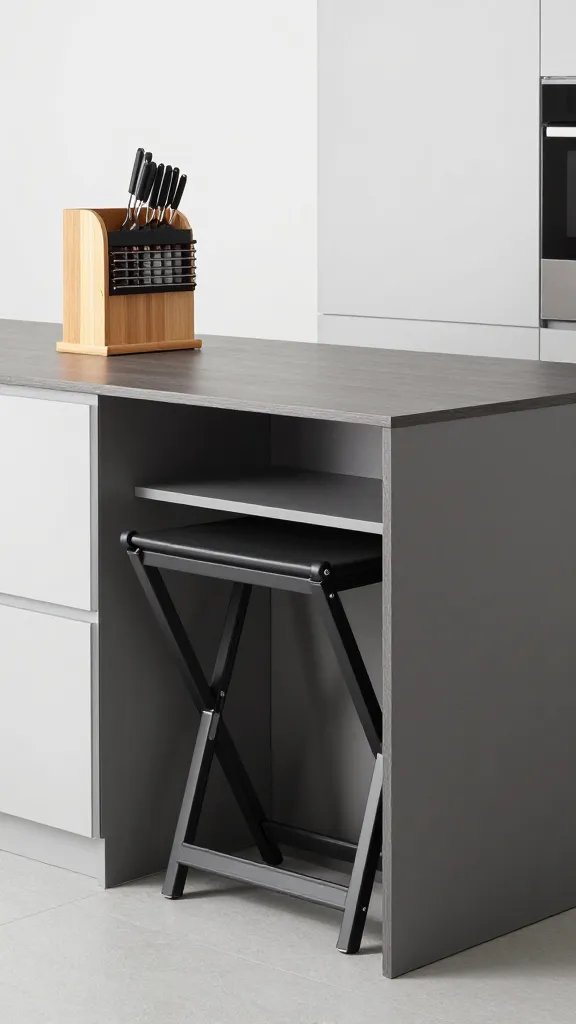 A sleek, modern kitchen island with integrated fold-away stools stored inside the island, opened for seating, and a stylish spice rack and knife block on the counter to suggest practical workflow.
