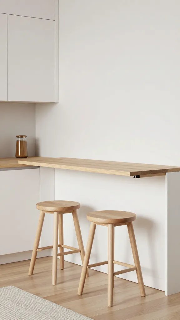 A Scandinavian-inspired kitchen with a foldable drop-down counter along the wall, two minimalist stools, and light wood tones, surrounded by white cabinetry and a small rug.