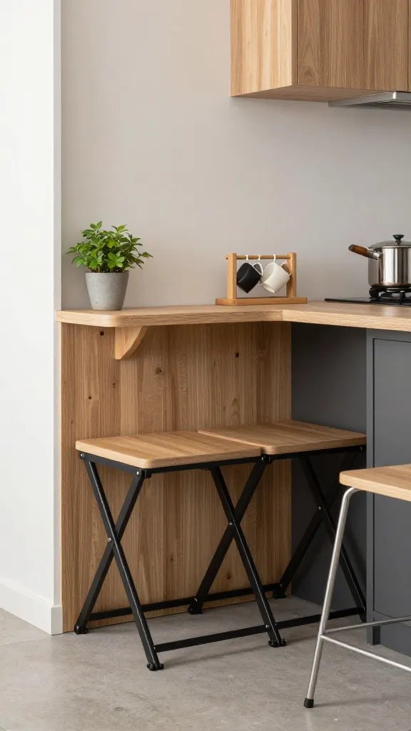 A compact urban kitchen featuring a portable, foldable breakfast bench pulled into an alcove, with a small plant, a mug rack, and two slim chairs that tuck under after use.