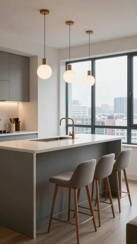 An apartment kitchenette with a bar-height counter against a window wall, three contemporary stools, pendant lighting, and a distant view of a cityscape, capturing a social, inviting atmosphere.