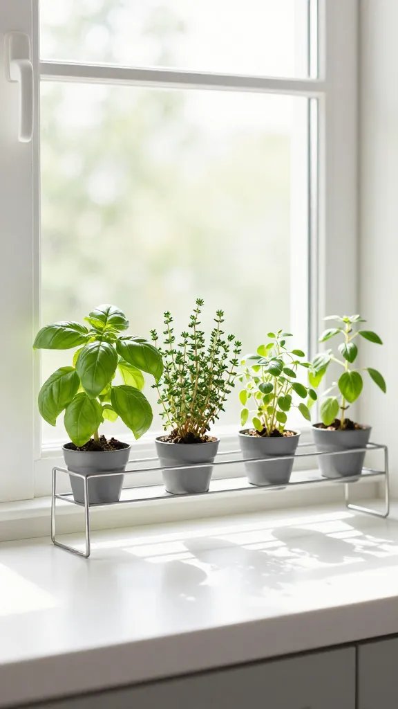 A bright kitchen windowsill with a slim horizontal herb rack holding compact basil, thyme, oregano, and chives, sun streaming through the window, clean white counter, no visible text or branding.