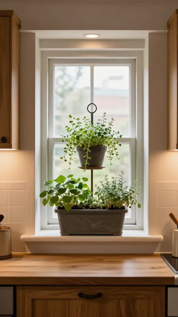 A cozy kitchen scene featuring a small bay window with a tiered herb planter on the sill, cascading green herbs, warm wooden accents, and soft under-cabinet lighting, no text.