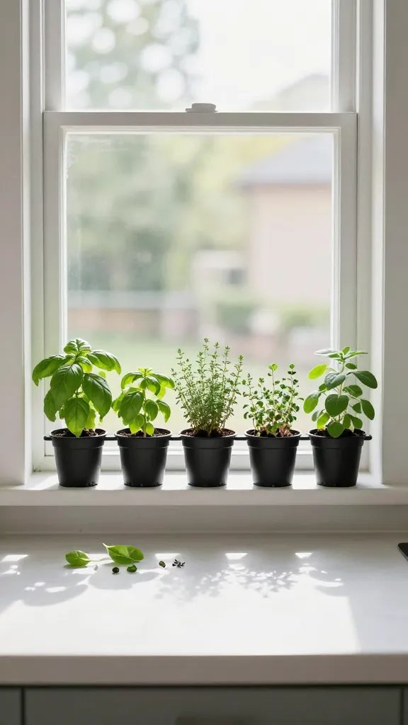 A minimalist kitchen window display with a single row of compact herb pots (basil, thyme, oregano) on a narrow rail, fresh-cut herb snips nearby, sunny day, uncluttered counter.