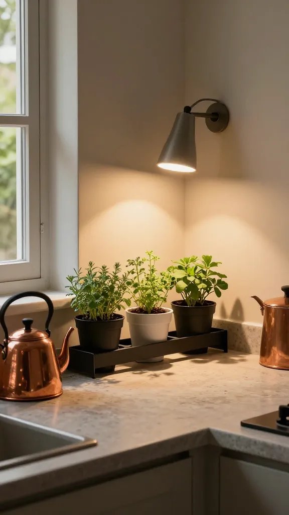 A warm-toned kitchen corner spotlighting a narrow sill garden: three small potted herbs on a compact rail, a copper kettle, and a soapstone countertop, daylight filtering through a small window.