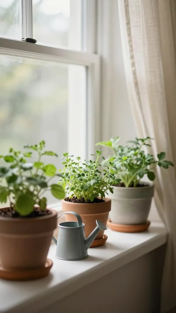 Close-up of a sunny kitchen window ledge with alternating ceramic pots of fresh herbs, a tiny watering can, and a linen-draped curtain pulled to the side, soft morning light.
