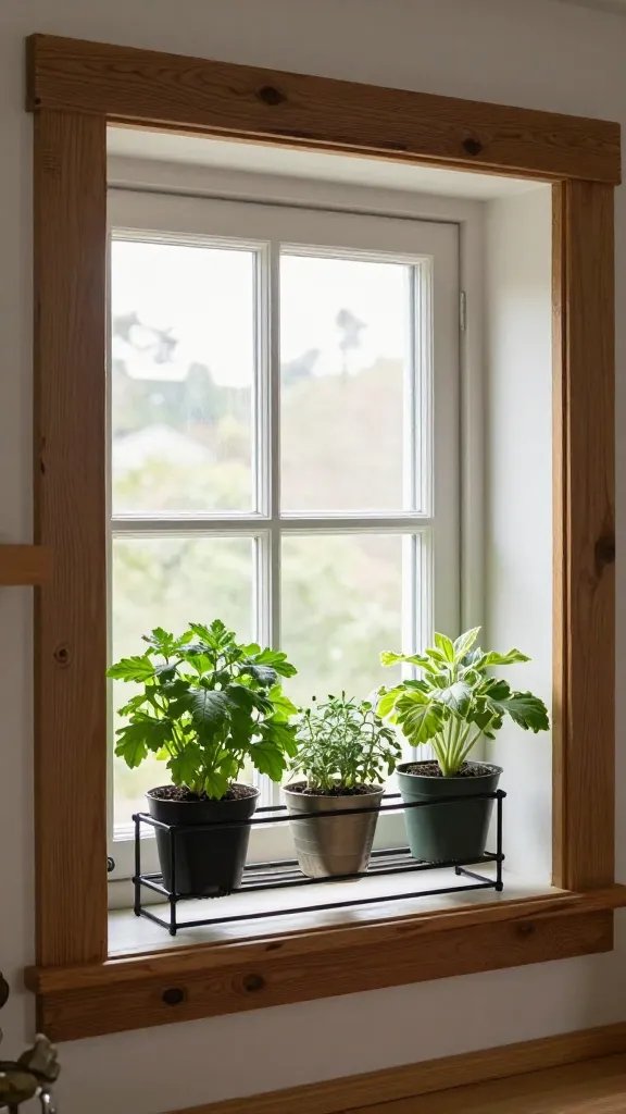A cozy kitchen scene showing a small window with a slim herb rack mounted on the sill, herbs arranged by color (green foreground, variegated leaves), rustic wood trim, no text.