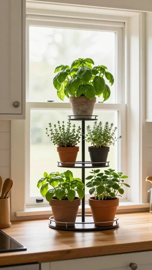 A light-filled kitchen window with a rotating seasonal herb display: basil in spring, thyme in summer, oregano in autumn pots, each on a compact tiered rack, warm kitchen tones.