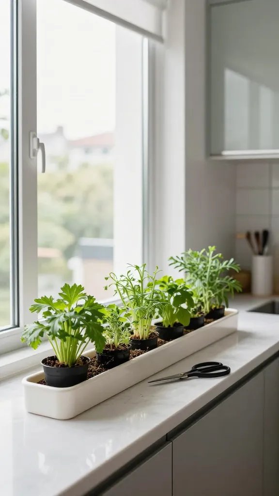 A modern kitchen window with a narrow rail holding a row of compact herbs, a small pair of scissors resting beside, glass-front cabinets in the background, bright daylight.