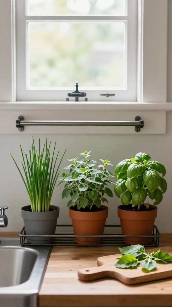 A charming kitchen vignette: small window above the sink, a rail-mounted herb rack, three pots of chives, oregano, and basil, a wooden cutting board with fresh leaves, soft morning light.