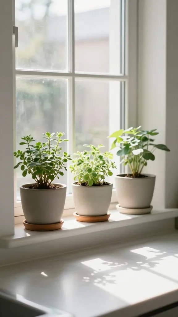 An intimate kitchen window setup featuring a slim sill garden in ceramic pots, a subtle scent-softening plant interspersed with herbs, sunlit glass, and a clean, tidy countertop.