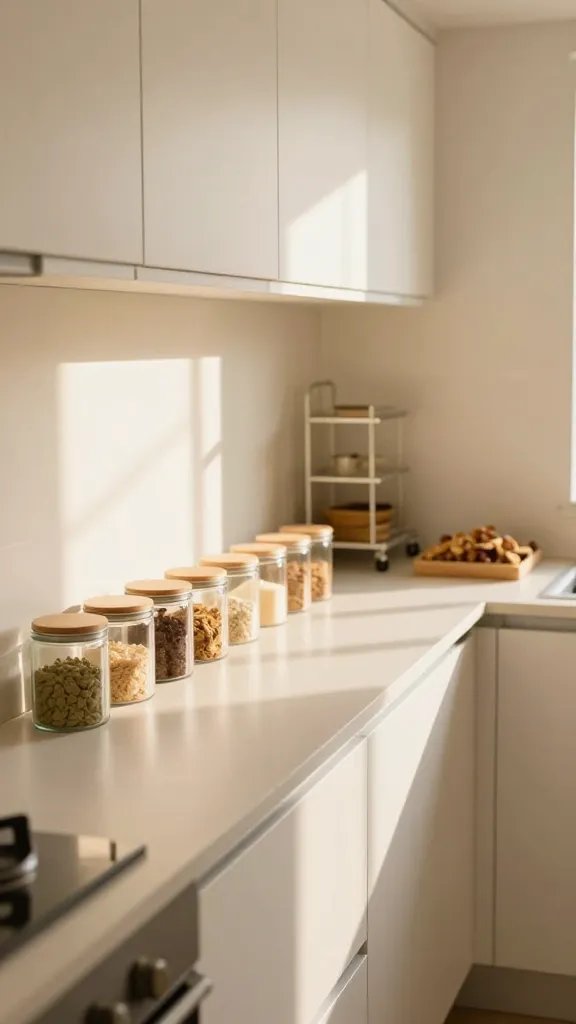 A compact, sunlit U-shaped kitchen with a narrow 12-inch-wide counter, featuring uniform slim canisters with matching lids lined in a neat row, a rolling steam rack tucked under a wall cabinet, and a small open tray displaying dry goods as a miniature retail-like display, no text.