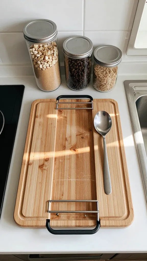 A top-down shot of a clutter-free countertop in a tight kitchen, showing a multi-functional cutting board that doubles as a drying rack, a spoon rest that doubles as a small trivet, and a few transparent jars arranged in ascending height with dry ingredients, natural light streaming in.