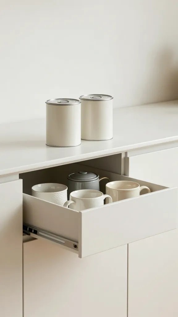 A close-up of a slim, uniform-set canister duo on a narrow counter, with a pull-out organizer beneath the cabinet edge slightly open to reveal extra lids, ceramic mugs used as stylish storage, and a minimalist backsplash, no labels or text.
