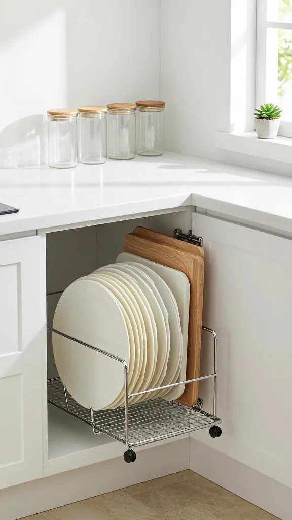 A bright kitchen corner with a sleek rolling steam rack pulled out from under a cabinet, holding neatly stacked flat items (like cooling racks and thin cutting boards), complemented by tall, clear jars in a staggered display and a small succulent on the windowsill.