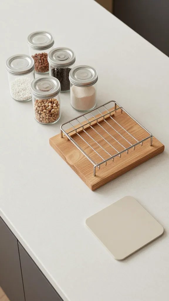 An overhead view of a slim, oasis-like countertop setup: clear dry goods jars arranged like a boutique display, a compact drying rack integrated into a wooden cutting board, and a small trivet resting on a heat-resistant mat, all in cohesive neutral tones.
