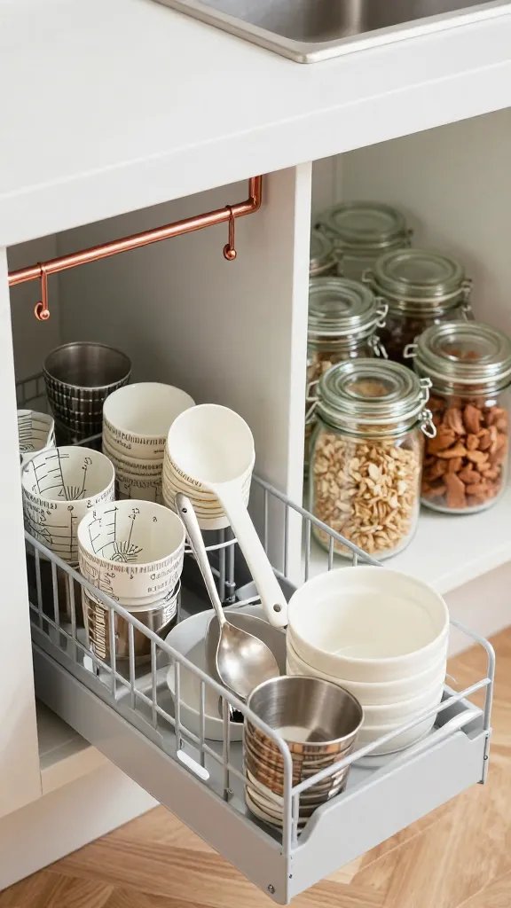 A narrow-opening kitchen scene showing an organized prep zone: a pull-out organizer with neatly arranged measuring cups and utensils, a compact spoon rest/trivet in use under a hanging copper rail, and a stack of uniform glass jars with dry goods, soft natural lighting.