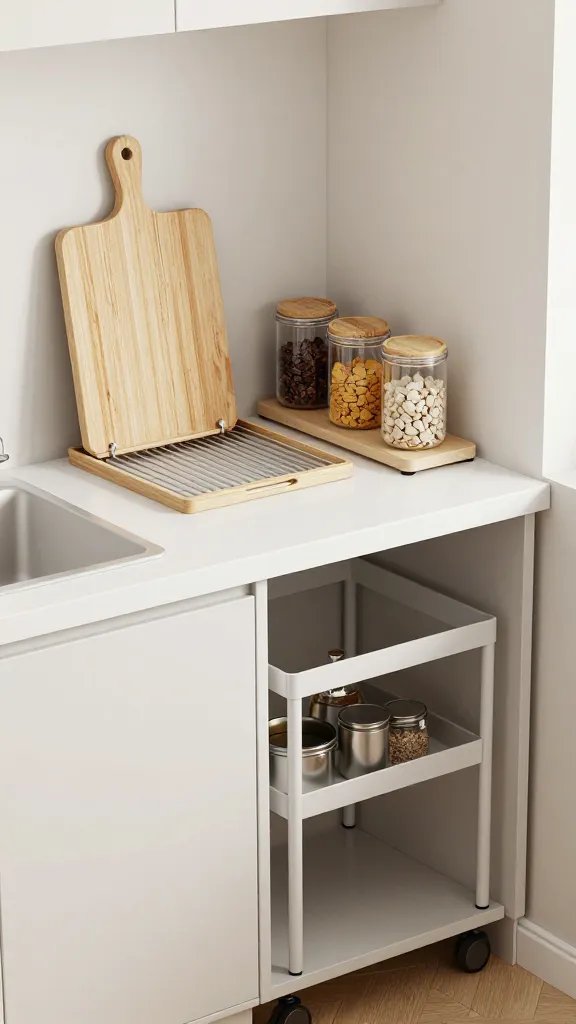 A tightly framed scene of a small countertop with a combined function station: a cutting board that doubles as a drying rack, a narrow display of clear jars with dry goods, and a slim, under-cabinet rolling rack, in a modern minimalist palette.