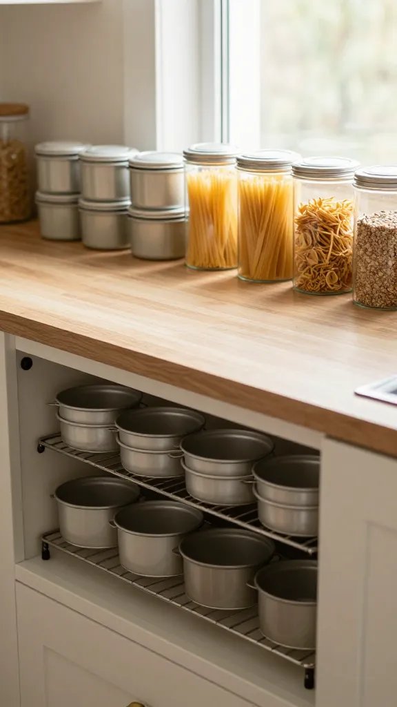 A morning-kitchen vignette: small countertop with a rolling rack under the cabinet loaded with compact bakeware, a tidy line of uniform-lidded canisters, and a few transparent canisters of pasta and grains arranged like a display, warm window light.