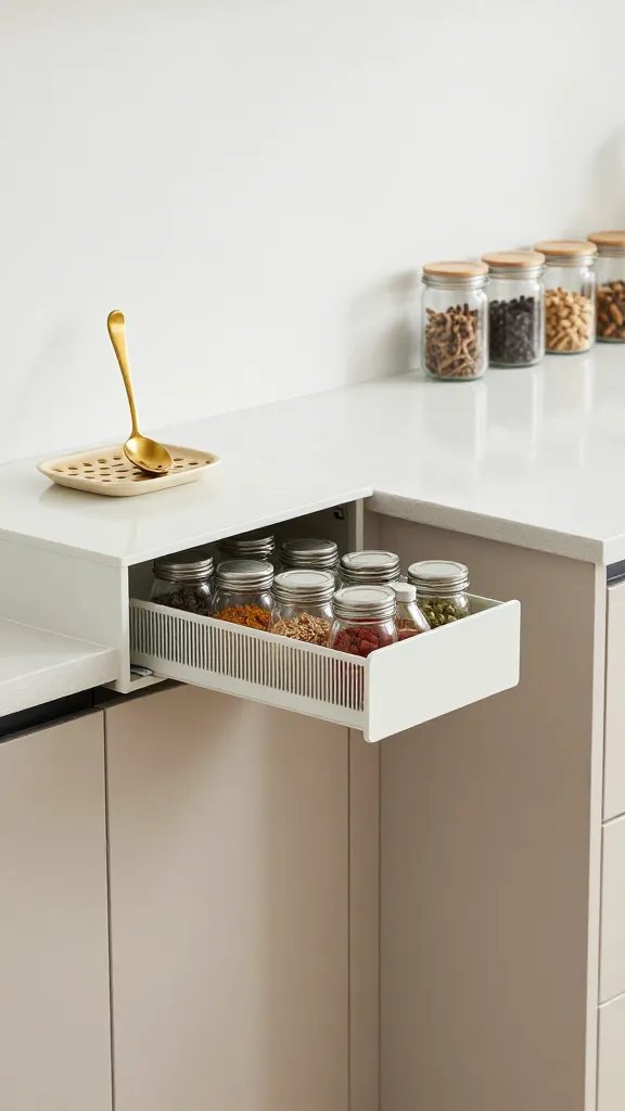 A side-angle shot of a narrow kitchen island area showing decluttered counters, a compact modular organizer pulled out to store spices, a decorative spoon rest doubling as a small trivet, and a row of uniform glass jars against a clean backsplash.