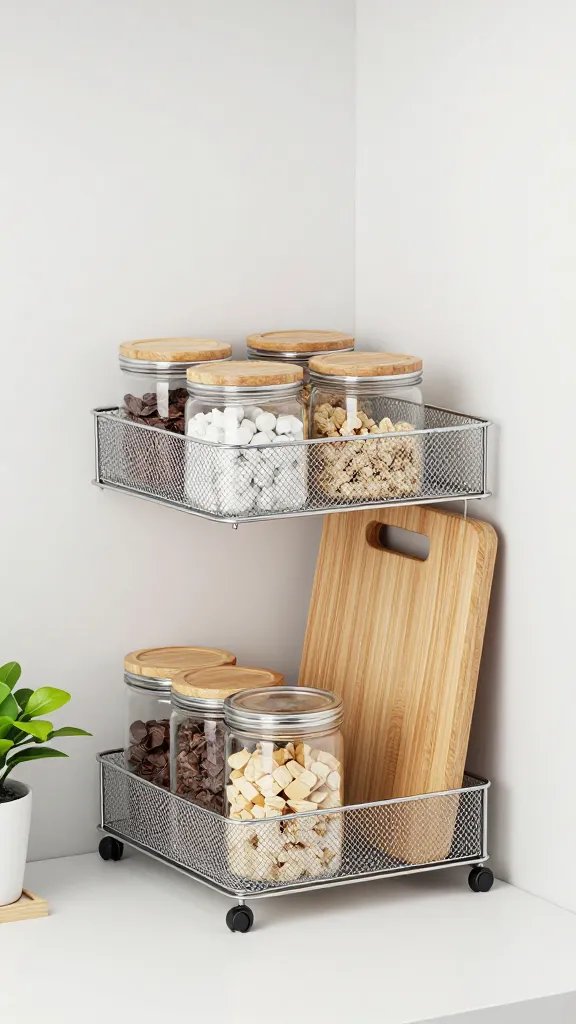 A crisper, studio-style shot of a tiny kitchen corner: a slim, under-cabinet rolling rack with metal mesh, a minimal display of clear jars with dry goods, a multifunction cutting board-drying rack hybrid in use, and a small plant adding life, all without text.