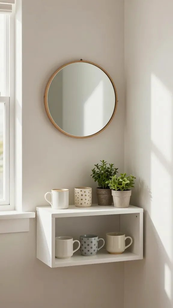 A tiny L-shaped kitchen corner with a frameless round mirror hung above a small white open shelf, a neatly arranged mug collection on the shelf, and a few potted herbs beside the mirror, soft natural light streaming from a nearby window.