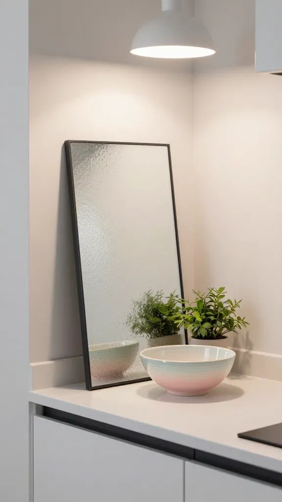 A compact kitchen nook featuring a decorative frosted glass panel leaned against the wall, reflecting a pastel ceramic bowl and a small plant, with a clean white countertop and a single pendant light overhead.