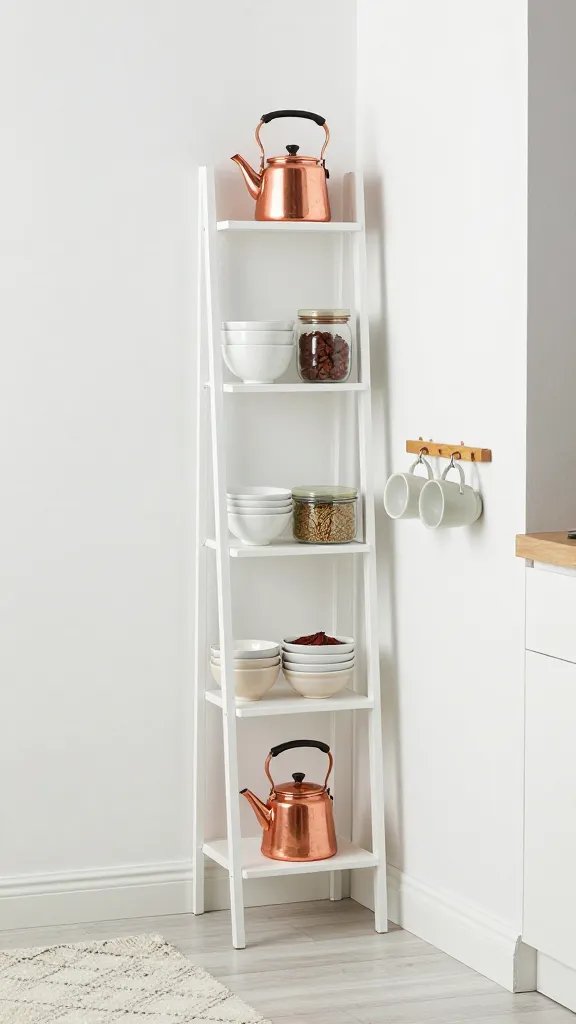 A vertical ladder-style shelf mounted against a narrow wall in a bright kitchen corner, holding neatly stacked bowls, spices, and a tiny copper kettle, with a compact hanging rack for mugs and a soft rug on the floor.