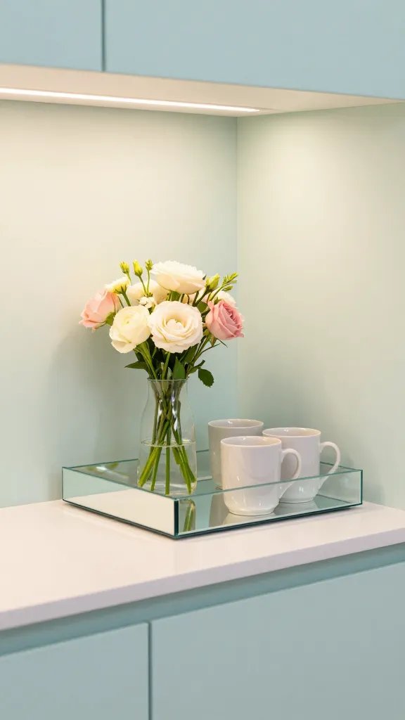 A corner with mirrored glass tray resting on a small ledge, reflecting a vase of fresh flowers and a few evenly spaced mugs, backed by pale mint walls and warm under-cabinet lighting.