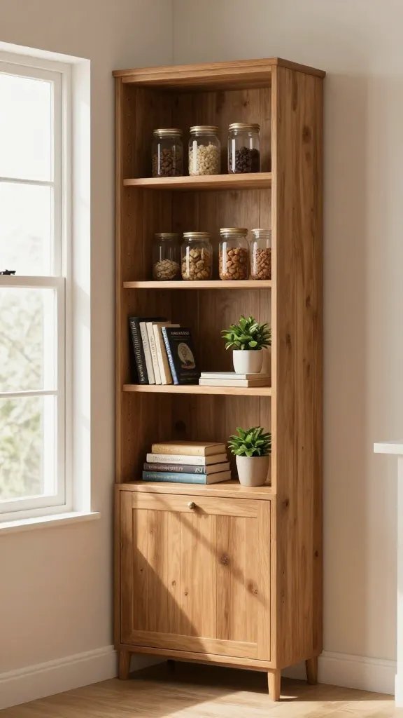 A cozy kitchen nook showing a slim, tall corner cabinet with open shelving reaching toward the ceiling, displaying glass jars, cookbooks, and a small plant, with light streaming through a corner window.