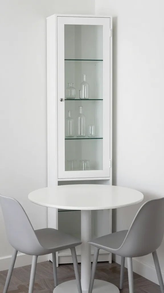 An intimate breakfast nook in a small kitchen corner featuring a narrow glass-front cabinet, a few decorative glass bottles, a round compact table, and two minimalist chairs, all in a palette of white and soft gray.