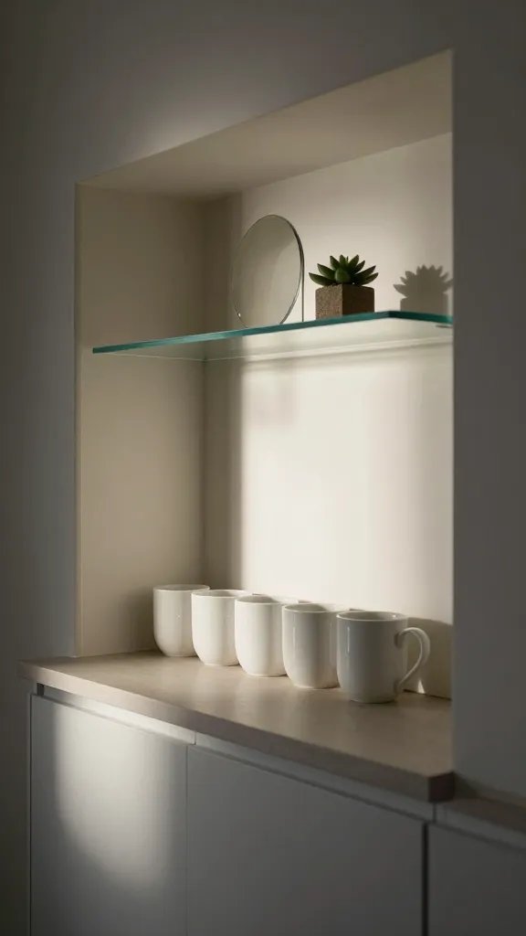 A tiny kitchen alcove with a floating glass shelf above a compact counter, holding a row of white mugs, a small succulent, and a mirror mounted behind to reflect light, creating the illusion of space.