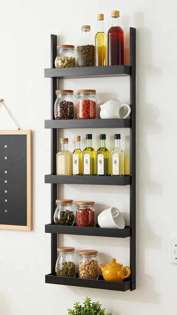 A vertical storage setup: tall slim racks mounted on the wall of a small kitchen corner, showing spices, oils, and mugs, with a wall-mounted chalkboard and a tiny plant at the base.