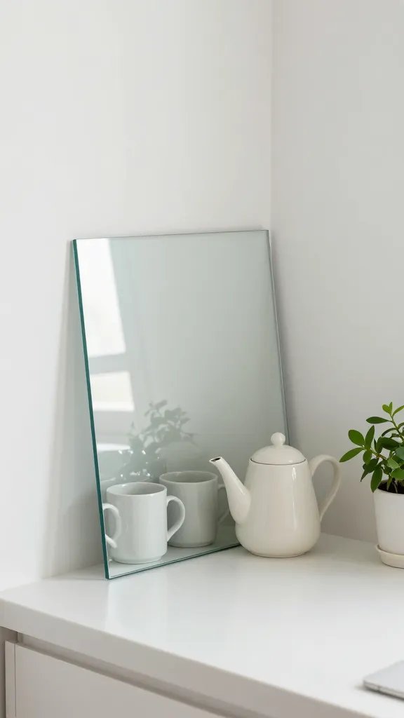 A small kitchen corner featuring a frosted glass panel leaning against the wall, reflecting a neatly arranged mug collection and a ceramic teapot, with a single green plant and a clean, uncluttered countertop.
