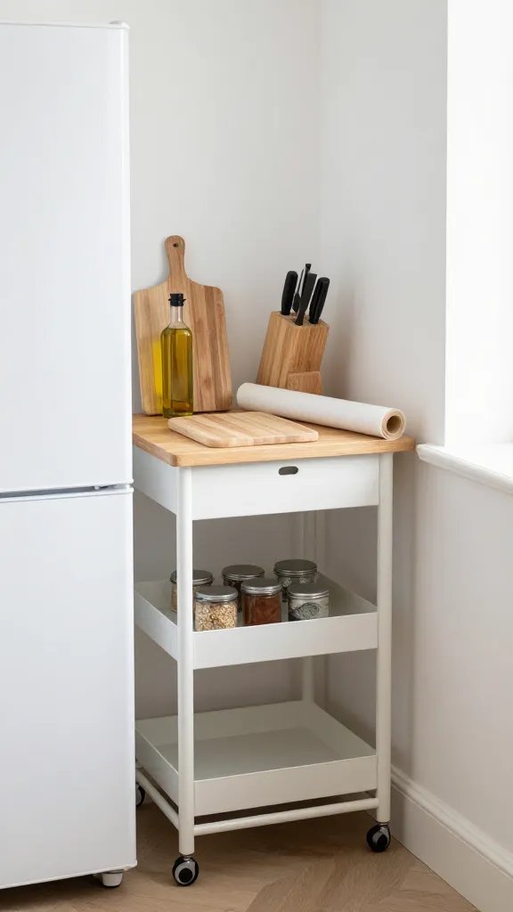 A compact kitchen corner with a narrow rolling cart tucked between a fridge and wall, showcasing a minimalist prep station: a small cutting board, bottle of oil, knife block, a roll of parchment, and a few neatly arranged jars—bright, natural light, soft white and wood tones.