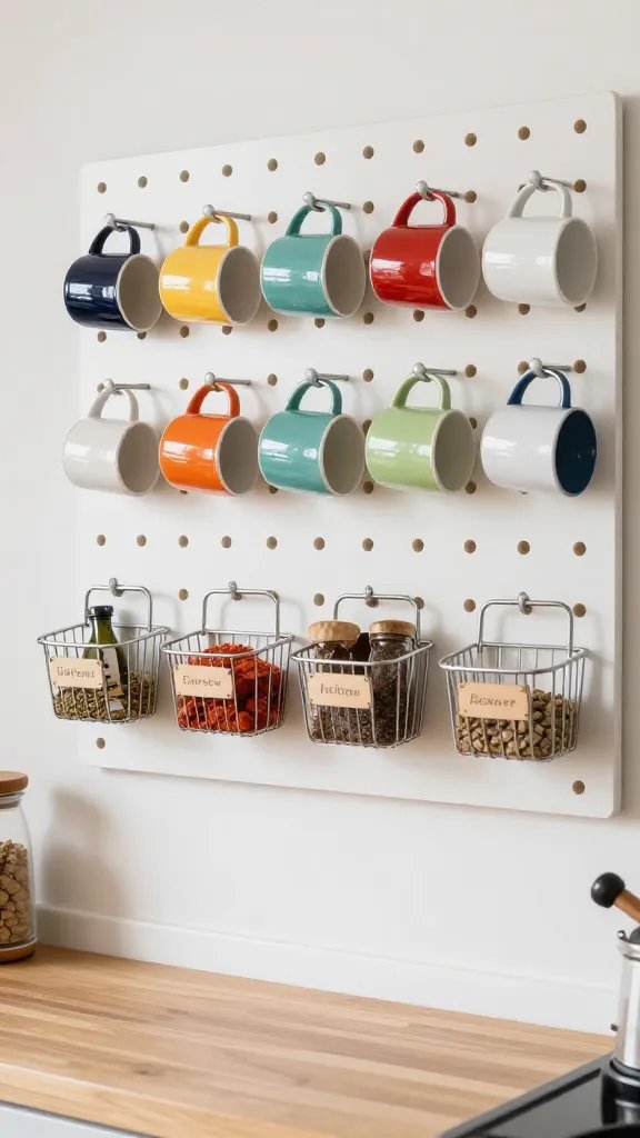 Close-up of a pegboard wall above a countertop in a small kitchen, with colorful mugs hanging in a row, metal baskets labeled for spices, and small hanging tools, all organized and visually balanced.