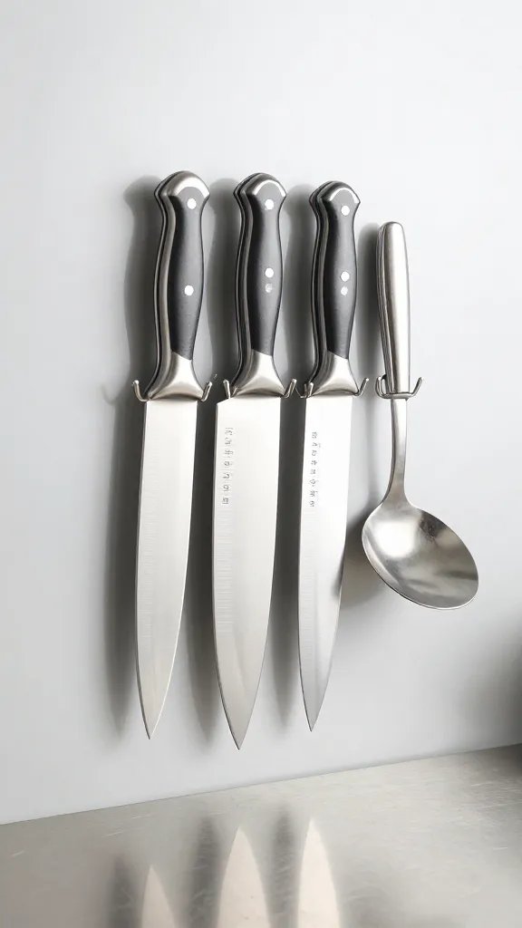 A magnetic knife strip mounted on a vertical backsplash, holding shiny chef knives and metal utensils, with magnetic hooks still visible and a clean stainless steel countertop beneath.