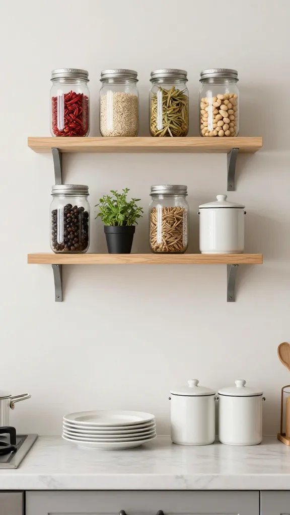 Floating shelves installed above a narrow counter, displaying commonly used items: mason jars with dry goods, a small herb pot, a stack of plates, and a ceramic canister set, against a light, airy kitchen backdrop.
