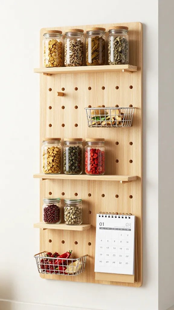 A vertical wall storage setup in a small kitchen: pegboard on the wall with shelves and hooks, jars of spices, a small wire basket, and a compact calendar or note board to suggest a command center vibe.