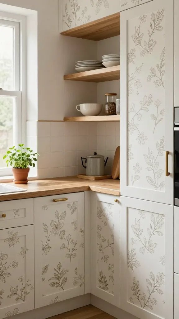 A compact kitchen corner with removable floral wallpaper on interior cabinet doors, soft natural light, warm wood shelves, and a small potted herb on the windowsill; the pattern peeks when doors are opened.