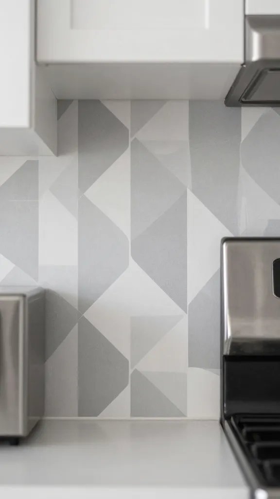 Close-up shot of a tiny kitchen wall featuring peel-and-stick geometric wallpaper as a temporary backsplash in muted gray and white tones, with stainless steel appliances in the background.