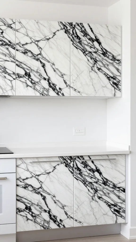 A bright apartment kitchen with accent panels on cabinet doors showing a bold marble-pattern removable wallpaper, styled with a minimalist white countertop and chrome hardware.
