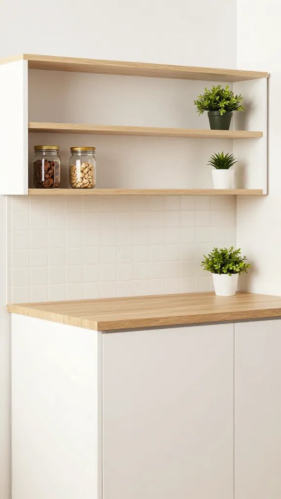 A tiny galley kitchen showing a portable, peel-and-stick backsplash running along the backsplash area, beneath open shelving holding glass jars and a small plant.