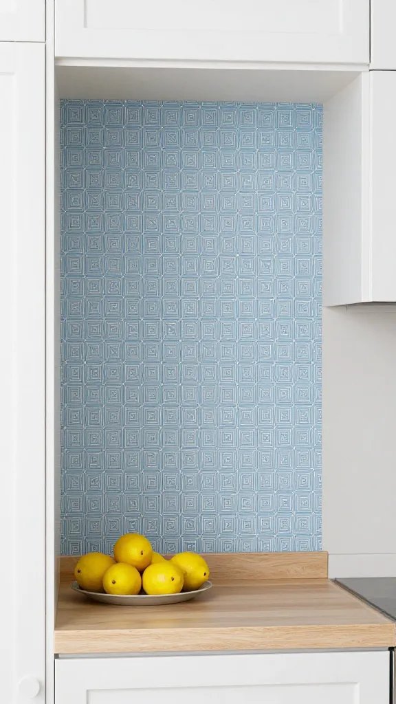 A modern kitchenette with a test-drive wall decal featuring a small-scale geometric print in calming blues, placed on the side of an open pantry cabinet, with a tray of lemons on the counter.