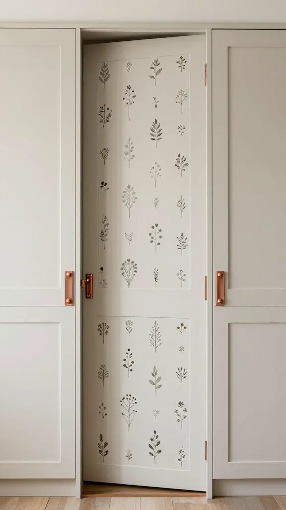 A playful kitchen door interior reveal: inside cabinet doors lined with tiny botanical decals, contrasted by neutral exterior doors and copper-toned accents.