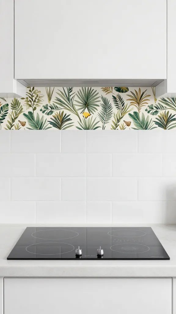 A stylish micro-kitchen with a reversible wallpaper strip applied as a temporary backsplash behind a compact induction cooktop, complemented by a white tile-look print.