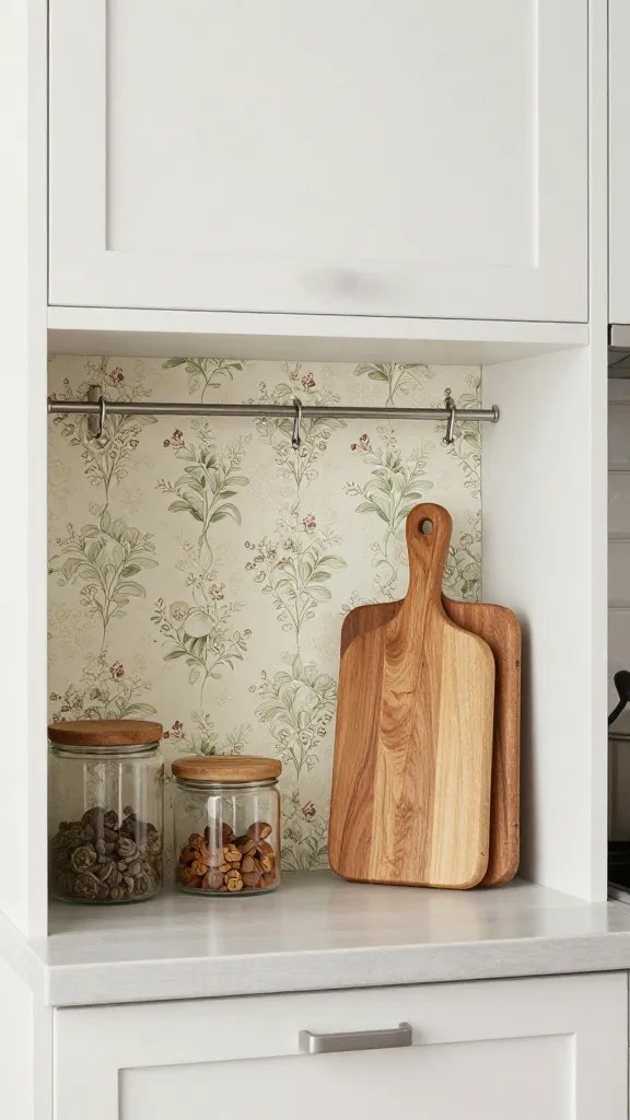 An organized apartment kitchen showing a removable wallpaper accent panel on the back of a shallow cabinet, styled with glass canisters, a wooden cutting board, and a single hanging utensil rack.