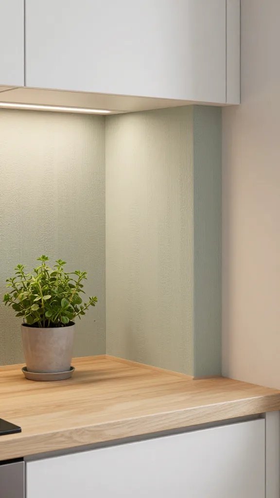 A cozy kitchen corner featuring a subtler, humidity-resistant wallpaper panel inside a cabinet, paired with a light wood grain countertop, small herb garden, and soft ambient lighting.