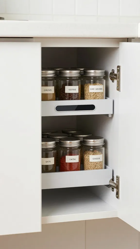 A compact kitchen corner showing a slim magnetic strip mounted on the inside of a cabinet door, with neatly labeled spice jars within easy reach as the door opens.