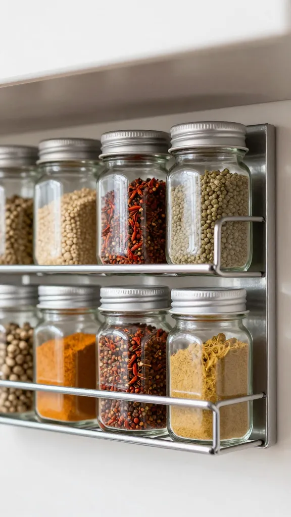 A close-up of an under-shelf magnetic spice rack attached to a metal shelf, magnets firmly gripping clear glass jars filled with colorful spices, with vertical space visibly utilized.